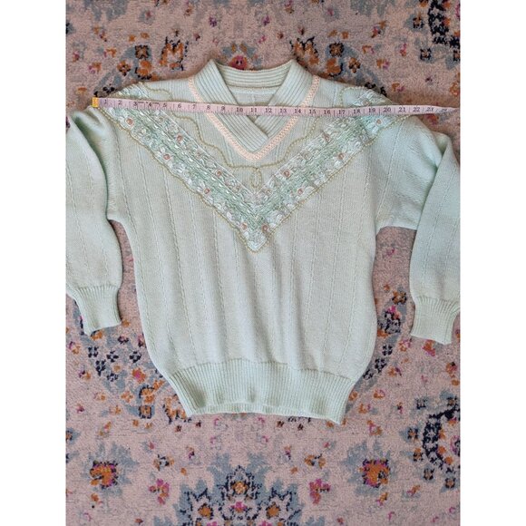 Women's Mint/Sea Foam Ribbed Sweater with‎ Lace and Pearl Details - Picture 4 of 7